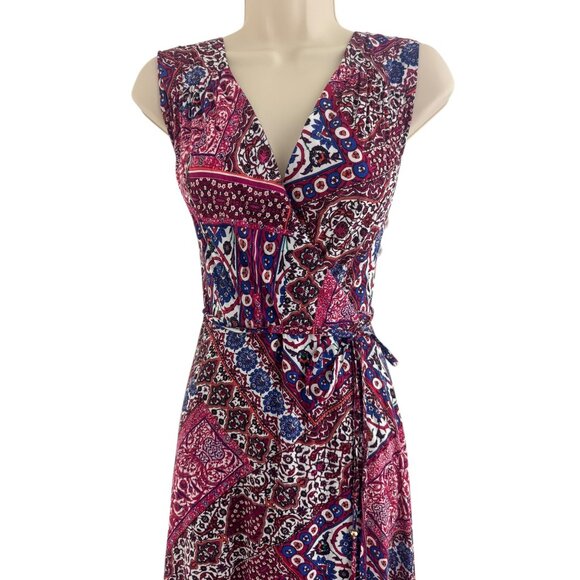 Calvin Klein Mosaic Print Patchwork Faux-Wrap A-Line Maxi Dress w/Tie Size 14 - Picture 6 of 11